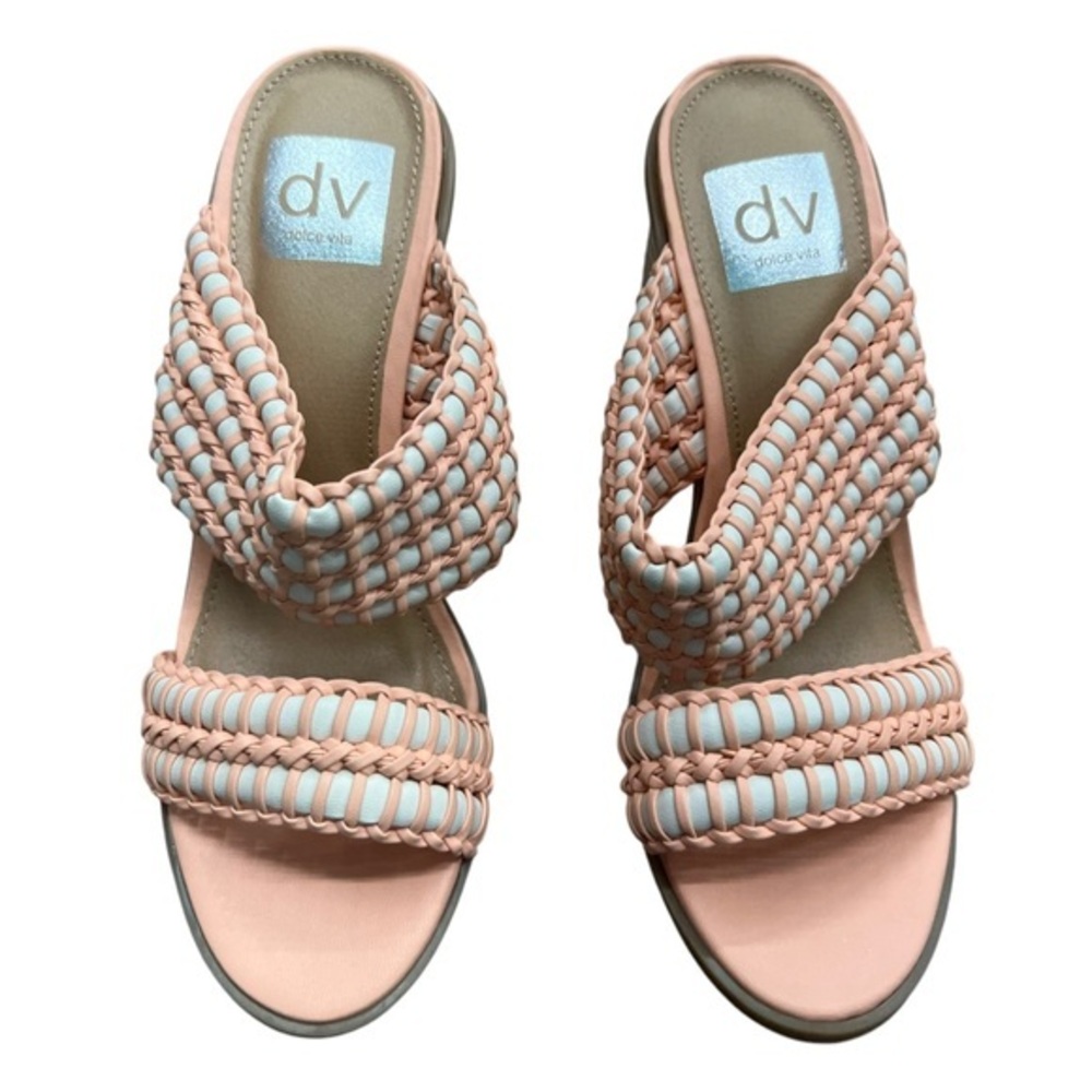 DV By Dolce Vita Rozie Basket weave Peach Slip On Sandal 3.5 Inch Heels Size 6.5
